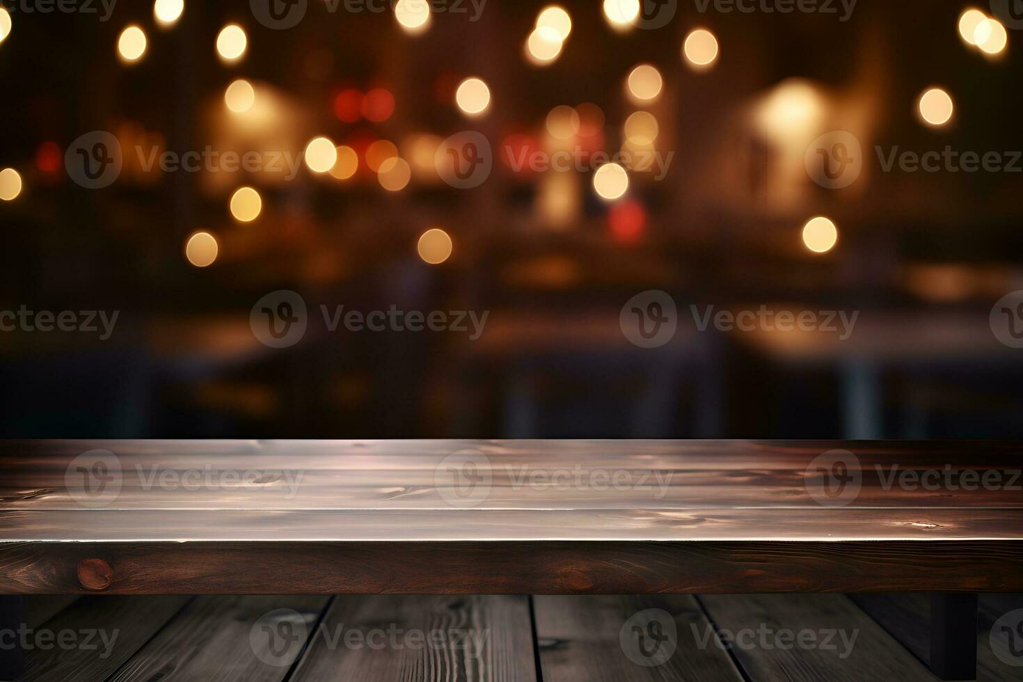 Wood table top on blurred of view of town with light bulb.Background for montage product display or design key visual layout. AI Generative photo