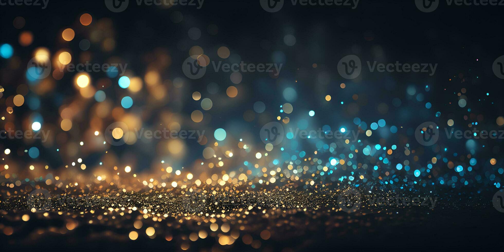 Light abstract glowing bokeh light. Shining star, sun particles and sparks with lens flare effect on black background. Sparkling magical dust particles. Christmas concept. AI Generative photo