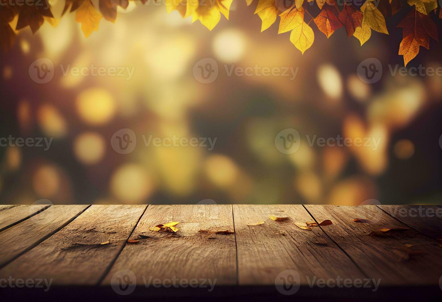 Beautiful autumn nature background with orange gold maple leaves on background of sunlight with soft blurred bokeh and empty wooden table planks AI Generative photo