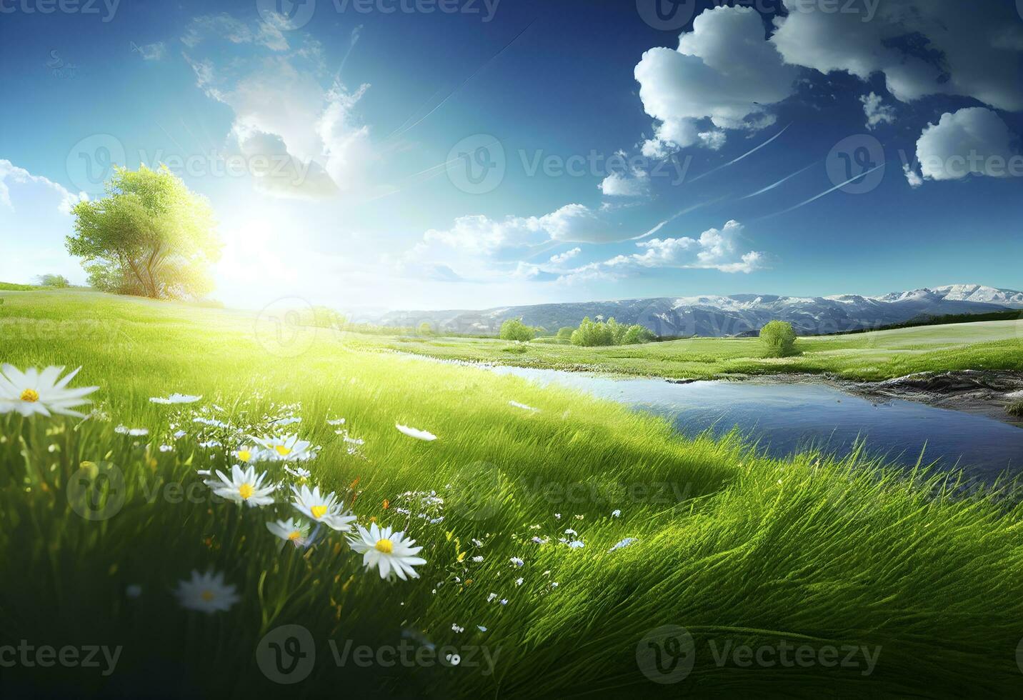 Beautiful meadow field with fresh grass and yellow dandelion flowers in nature against a blurry blue sky with clouds. Summer spring perfect natural landscape AI Generative photo
