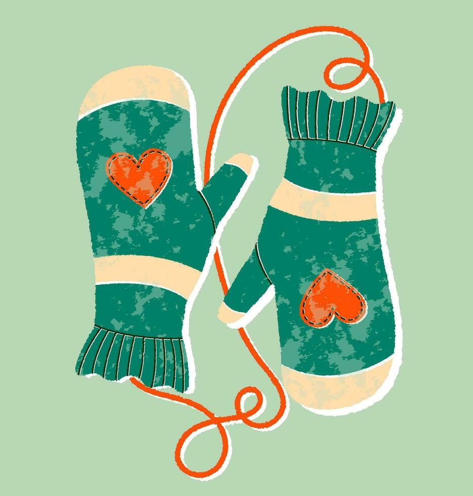 Mittens pair flat cartoon textured illustration. Winter gloves and winter holiday concept. Hand drawn flat holiday symbol. Cute green mittens with hearts. Trendy illustration for print and web. vector