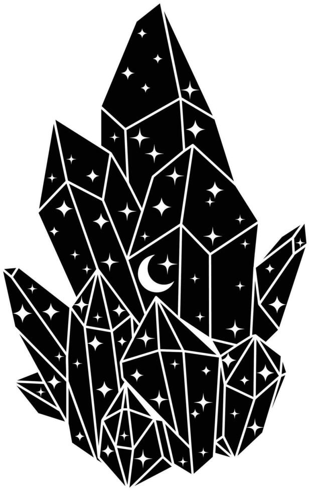 Illustration of Black Celestial Crystal Rock with Moon and Stars vector