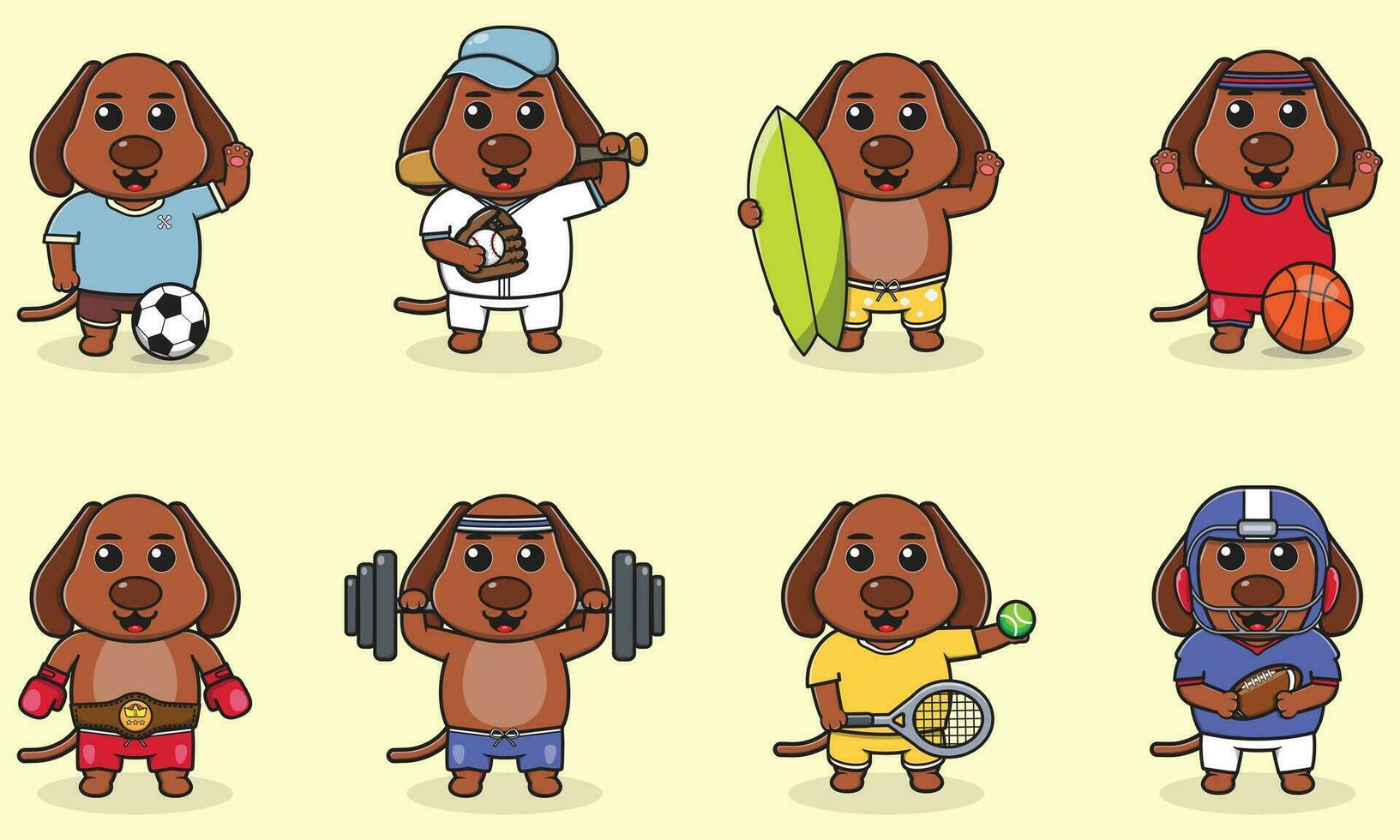 Set of Dog wearing uniform and using sports equipment. Funny animals doing exercis. Cute cartoon character vector set isolated on a white background. Cartoon animal sport. Dog cartoon.