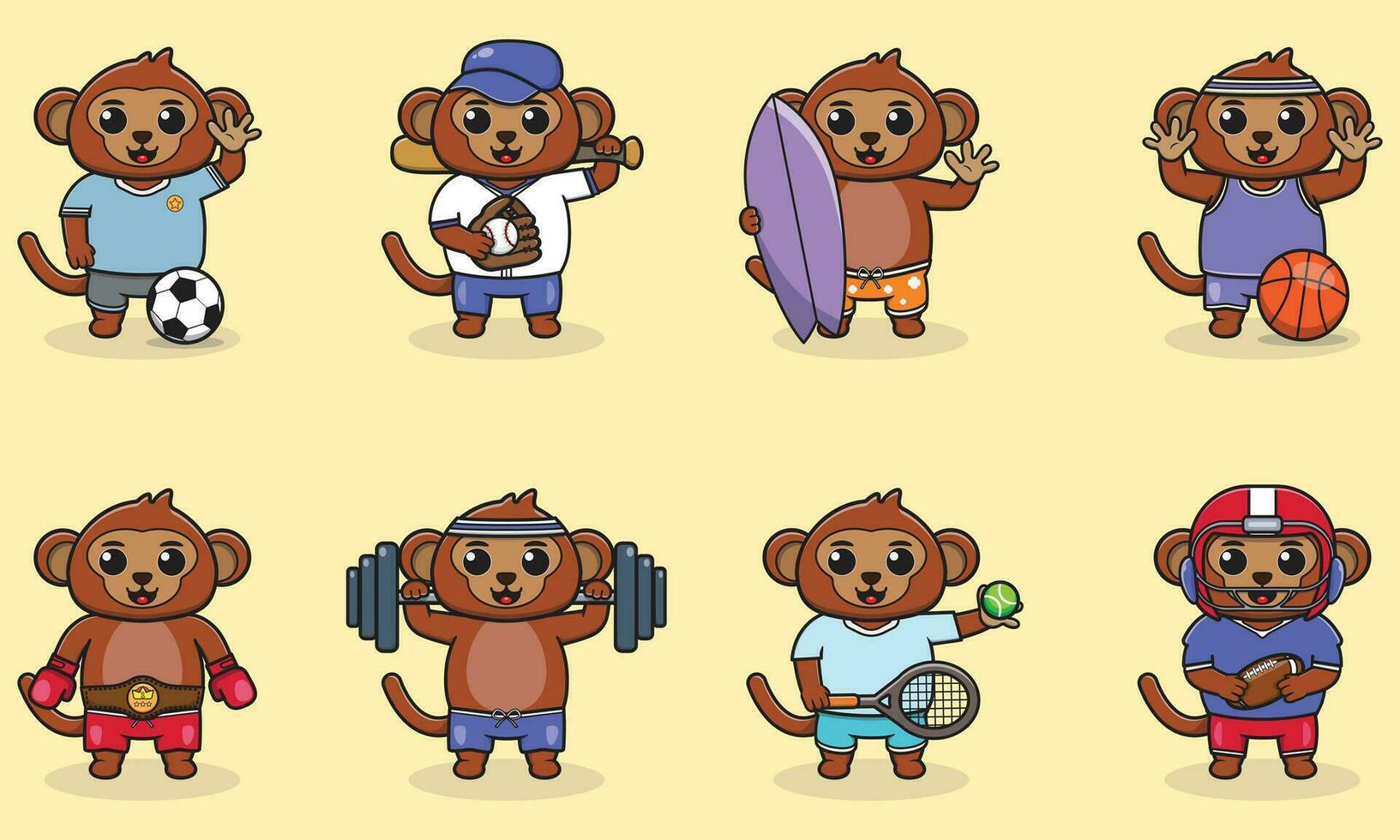 Set of Monkey wearing uniform and using sports equipment. Funny animals doing exercis. Cute cartoon character vector set isolated on a white background. Cartoon animal sport. Monkey cartoon.