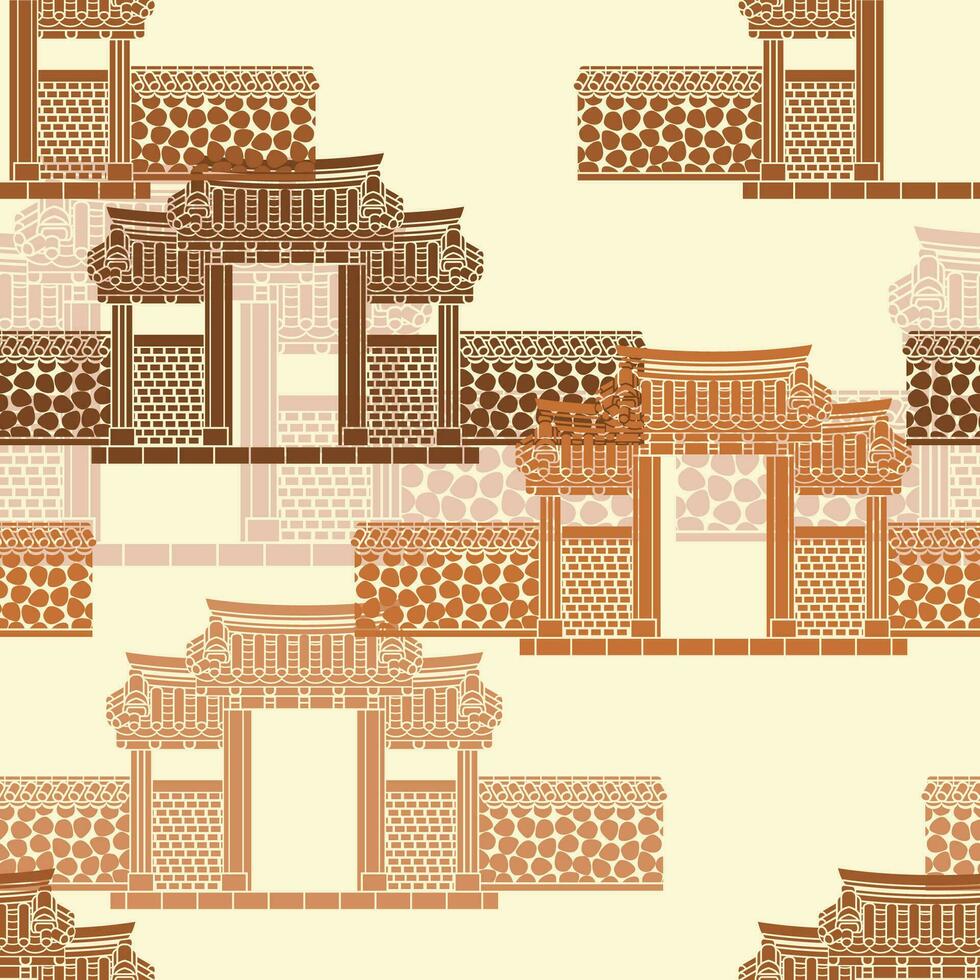 Editable Seamless Pattern of Traditional Korean Hanok Gate Building Vector Illustration for Creating Background and Decorative Element of Oriental History and Culture Related Design