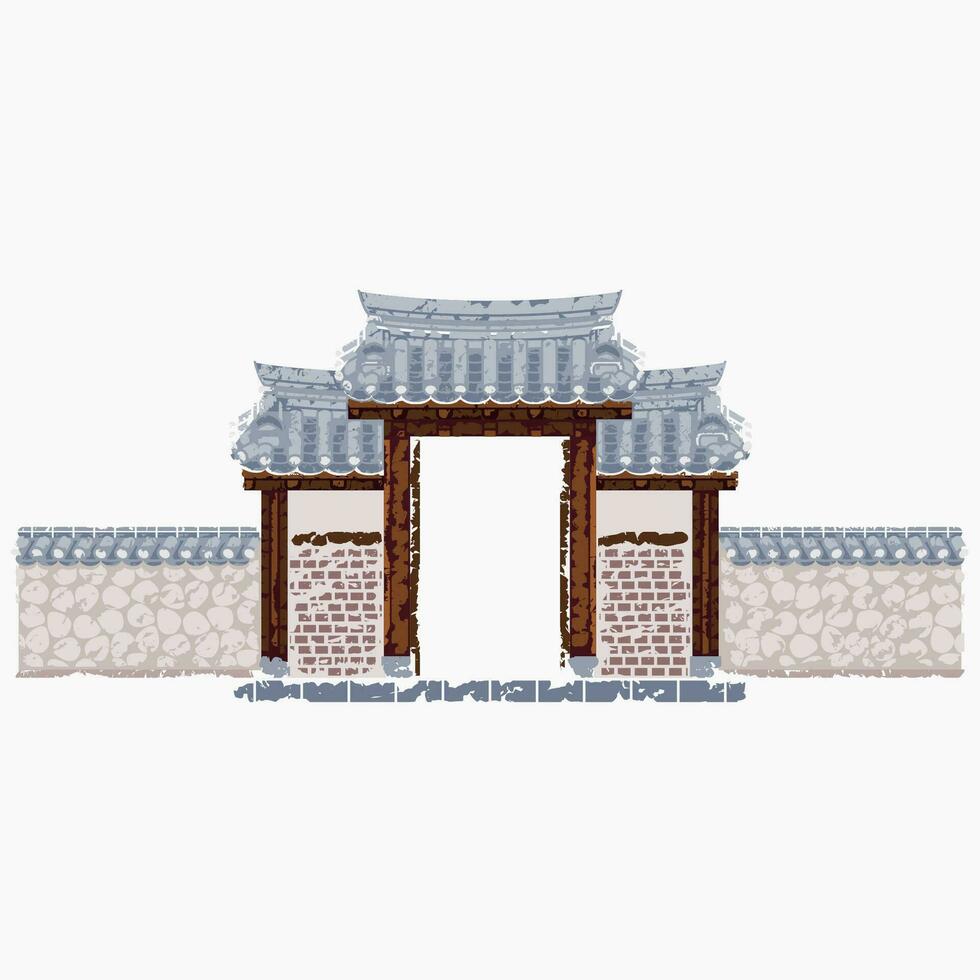 Editable Brush Strokes Style Vector Illustration of Traditional Korean Hanok Gate Building for Artwork Element of Oriental History and Culture Related Design