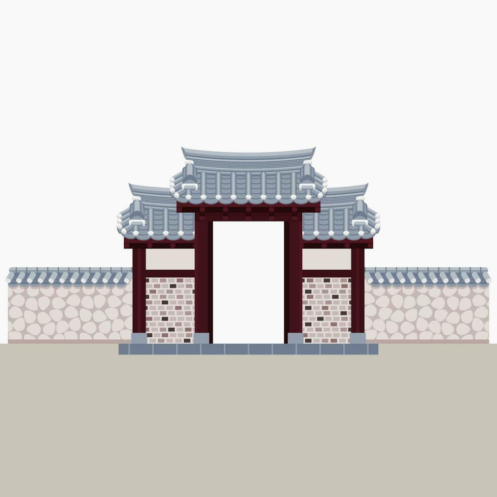 Editable Vector Illustration of Traditional Korean Hanok Gate Building for Artwork Element of Oriental History and Culture Related Design