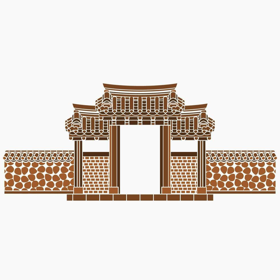 Editable Flat Monochrome Style Vector Illustration of Traditional Korean Hanok Gate Building for Artwork Element of Oriental History and Culture Related Design