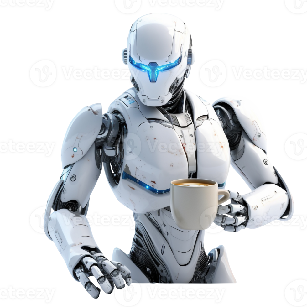 robot PNG robot nemen koffie robot drinken koffie transparant achtergrond robot met een beker, ai generatief