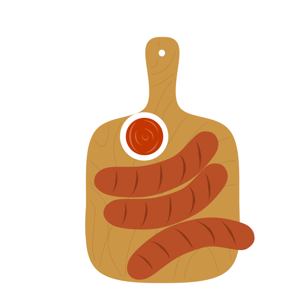 Sausage with chilli sauce on cutting board illustration png
