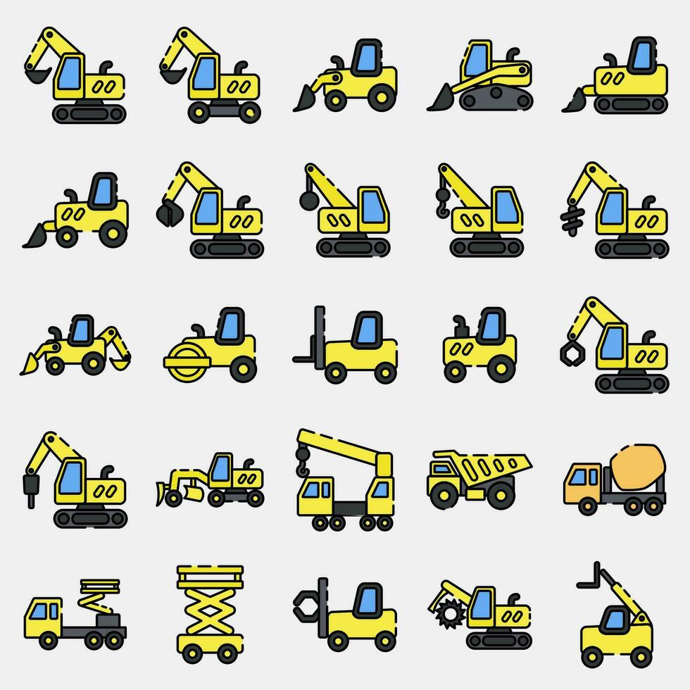 Icon set of heavy equipment. Heavy equipment elements. Icons in filled line style. Good for prints, posters, logo, infographics, etc. vector