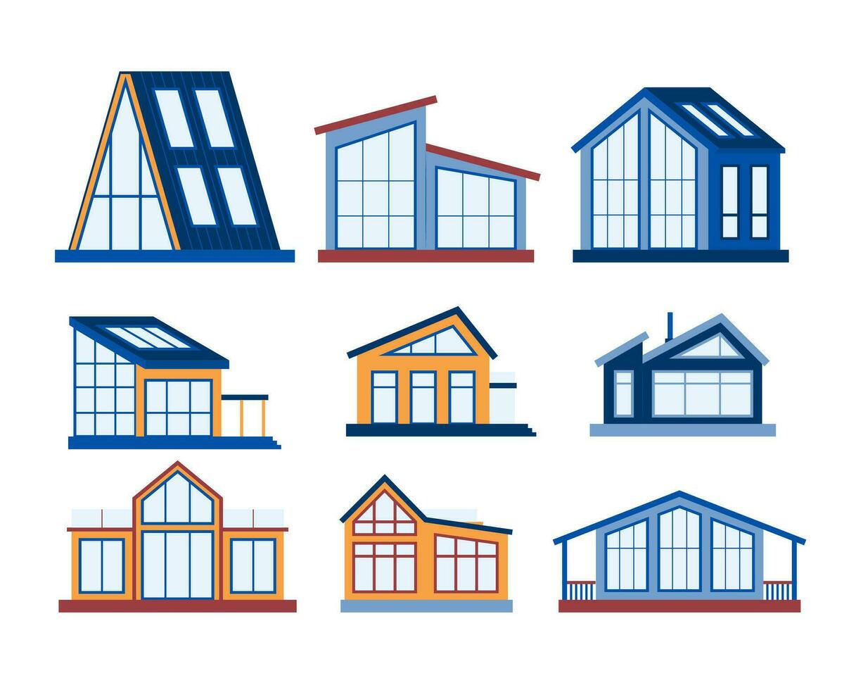 Cartoon Color Different Types Modern Houses Cottage and Villa Set. Vector