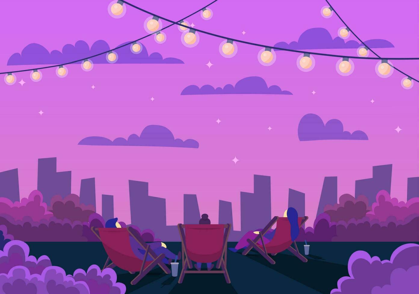 Cartoon Color Characters People and Night City Landscape Scene Concept. Vector