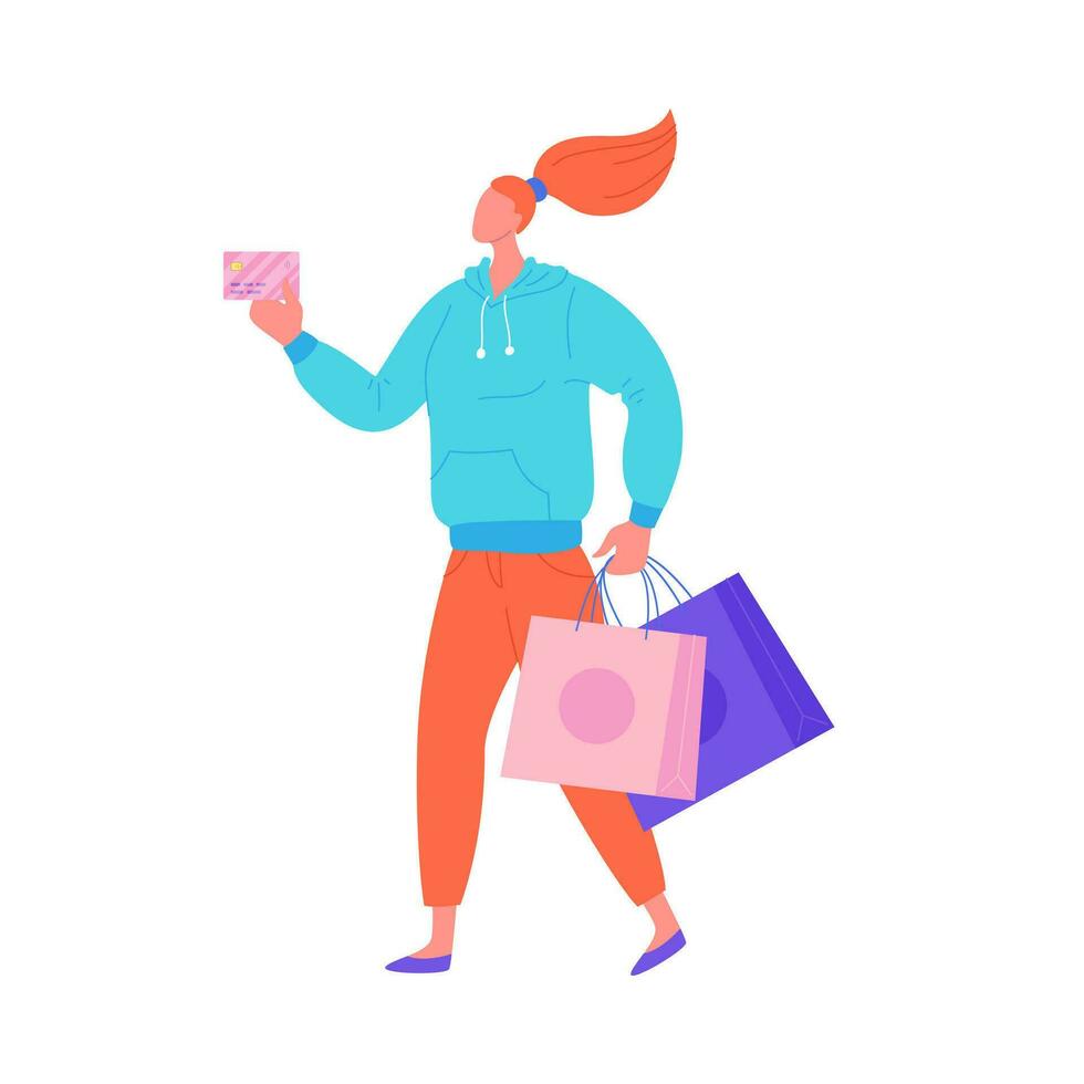 Cartoon Color Character Girl Shopping Concept. Vector