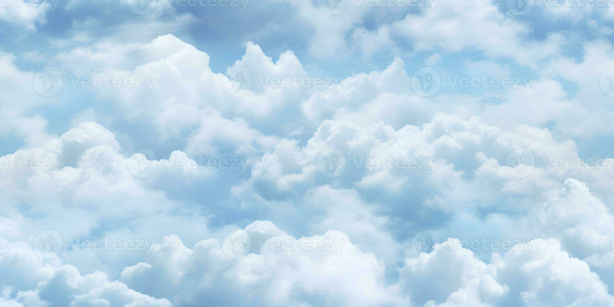 azul cielo con blanco nubes en sin costura repetir modelo diseño. dibujos animados nubes en cielo azul antecedentes para para niños dormitorio fondo de pantalla. mullido nubes en sólido antecedentes ai generativo foto