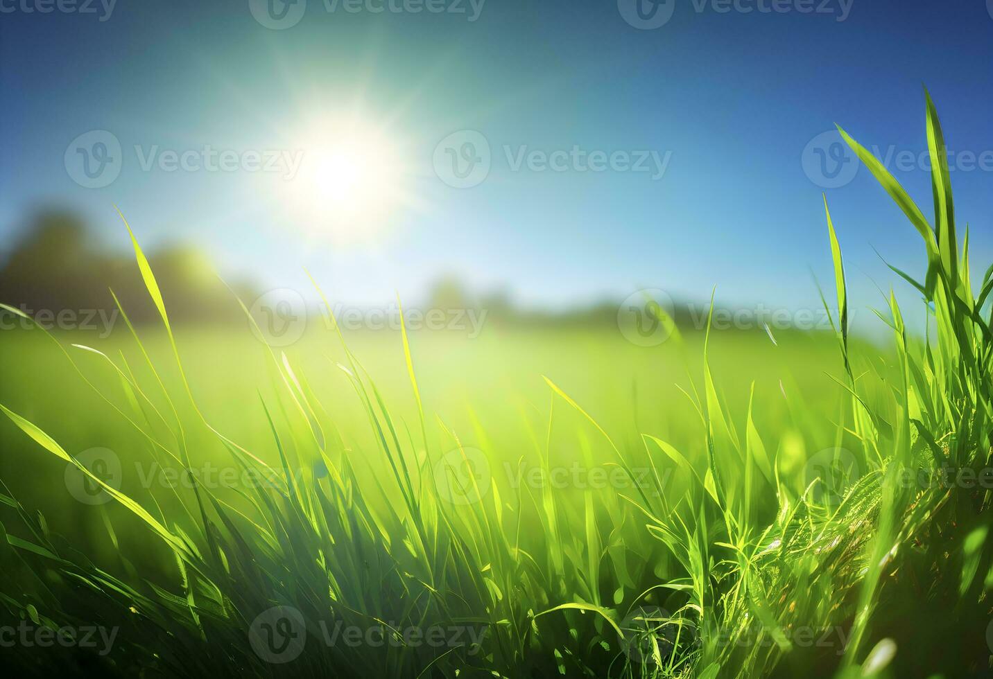 Beautiful meadow field with fresh grass and yellow dandelion flowers in nature against a blurry blue sky with clouds. Summer spring perfect natural landscape AI Generative photo