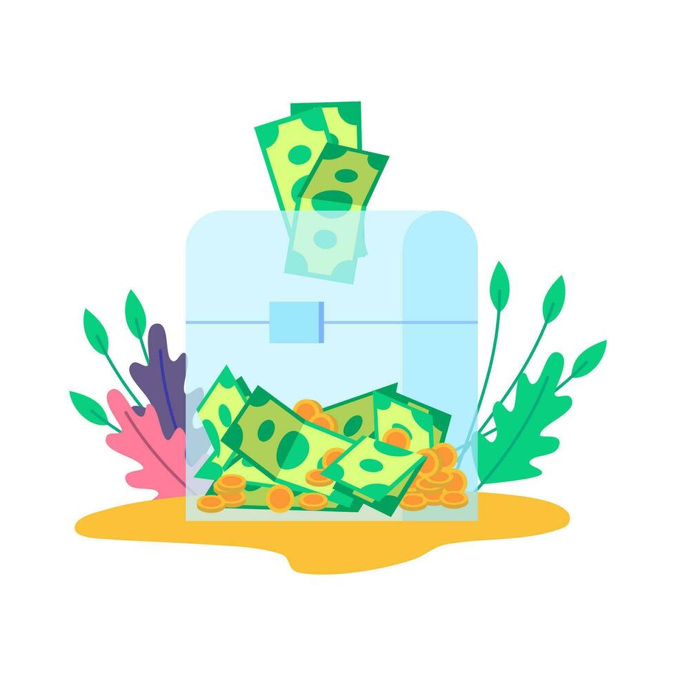 Cartoon Color Transparent Glass Donation Box with Dollar Money Icon. Vector