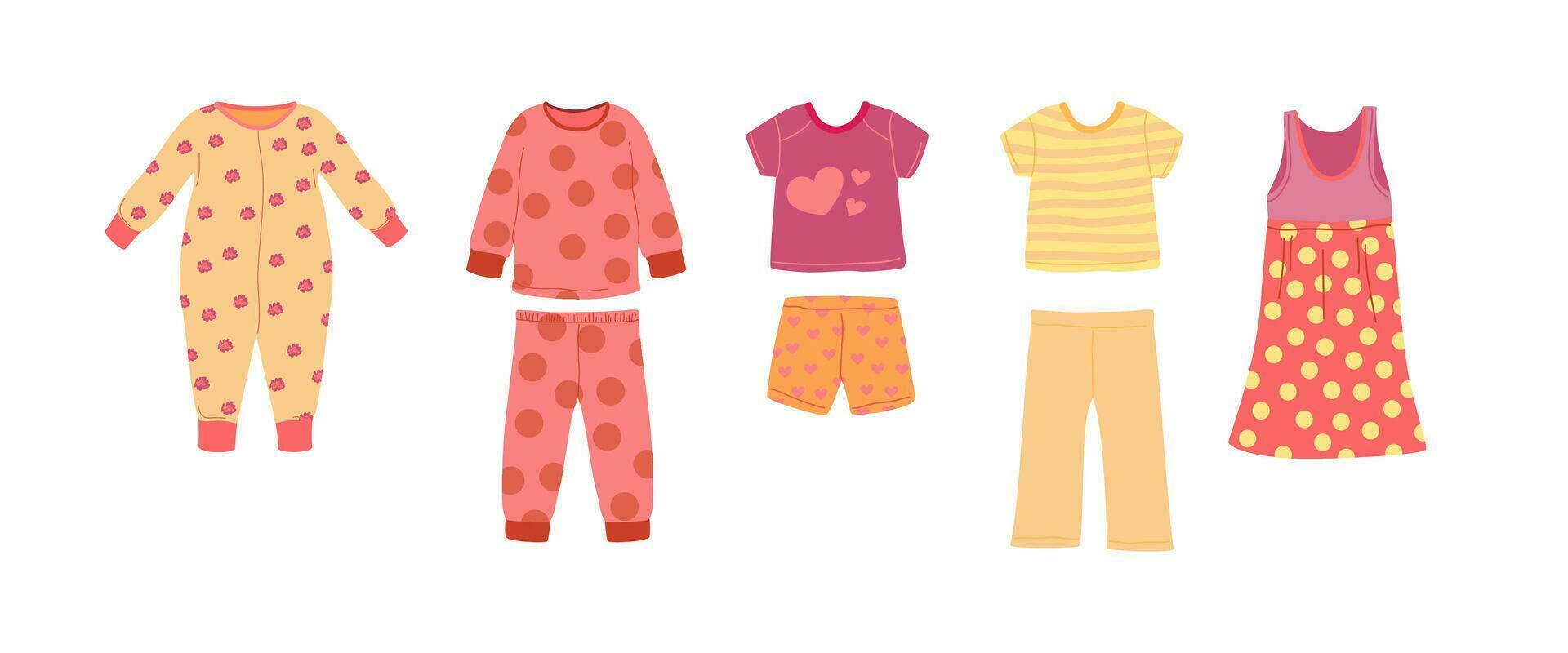 Cartoon Color Different Girl Pajamas Set. Vector