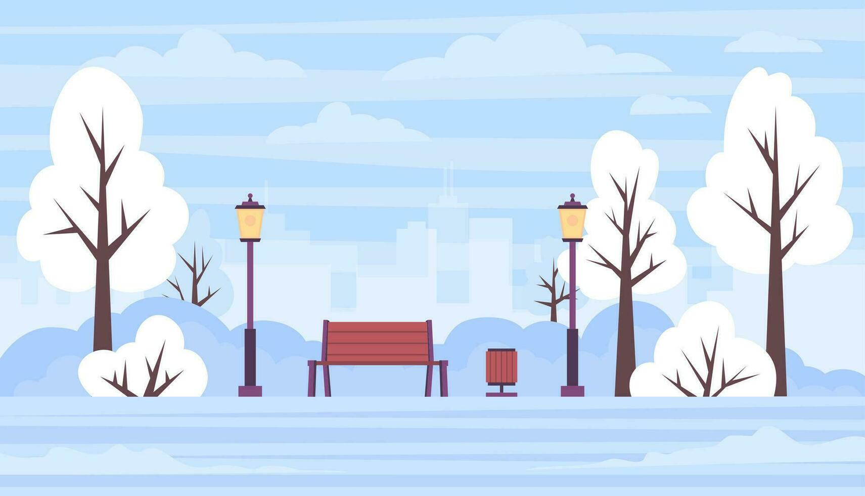 Cartoon Winter Snowy Park Landscape Scene Concept. Vector
