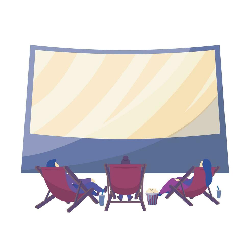 Cartoon Color Characters People and Open Air Cinema Scene Concept. Vector