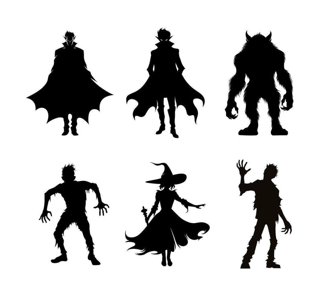 Halloween monster silhouettes isolated on white background. Witch, zombie, Dracula, vampire and werewolf. Cartoon characters illustrations stickers vector