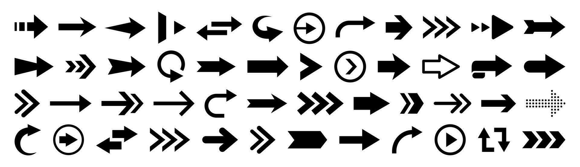 Black flat arrows and pointers isolated on white background. Big vector set of navigation elements