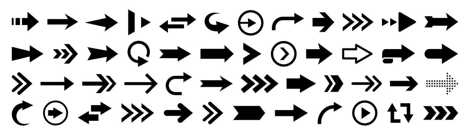 negro plano flechas y punteros aislado en blanco antecedentes. grande vector conjunto de navegación elementos