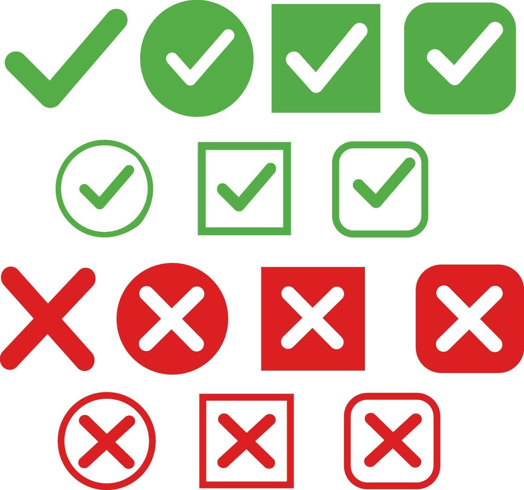 Set green approval check mark and red cross icons collection in circle and square, checklist signs, flat checkmark approval badge, isolated tick symbols. vector