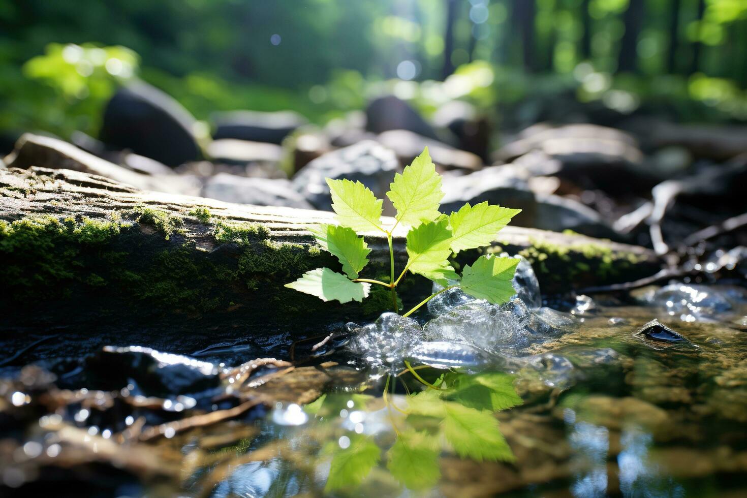 Calm forest river with large stones, tree leaves and moss. Blurred forest background. Generated by artificial intelligence photo