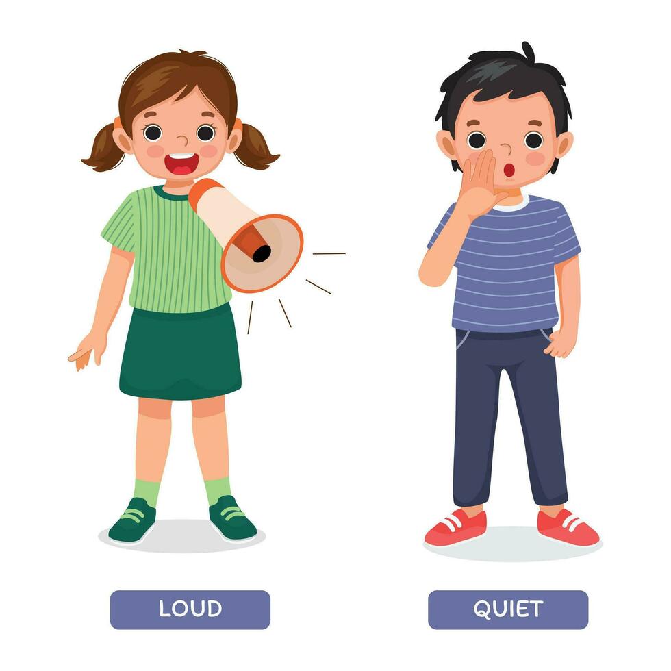 Opposite words antonym loud and quiet with little girl holding megaphone and boy whispering vector