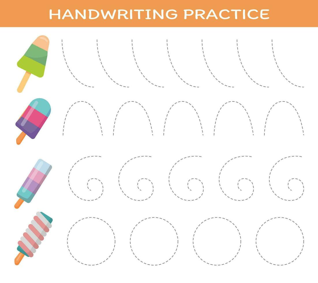 Hand writing practice worksheet with ice cream educational game for kids vector