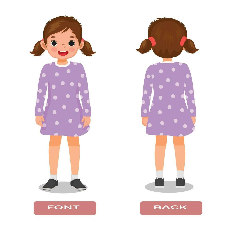 Opposite words antonym font back with little girl standing vector