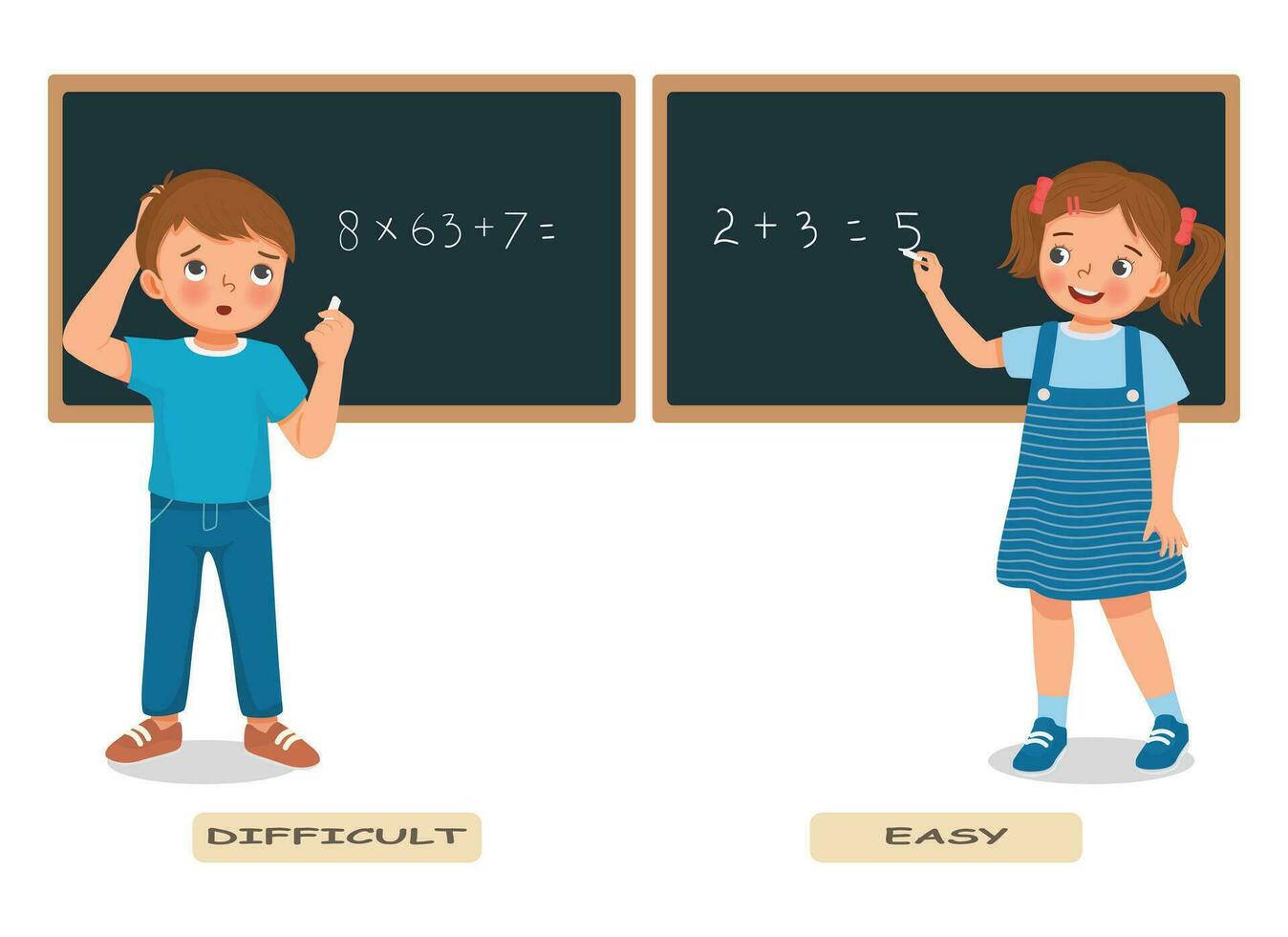 Opposite words antonym easy difficult with little boy girl solving math equation on the blackboard vector