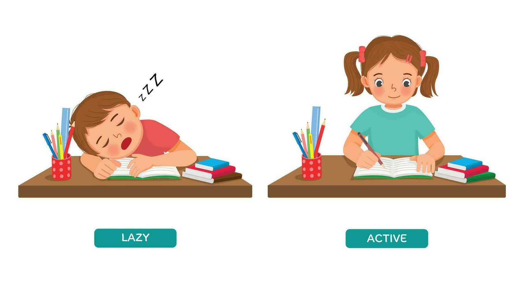 Opposite words antonym lazy and active with little boy sleeping and girl studying vector