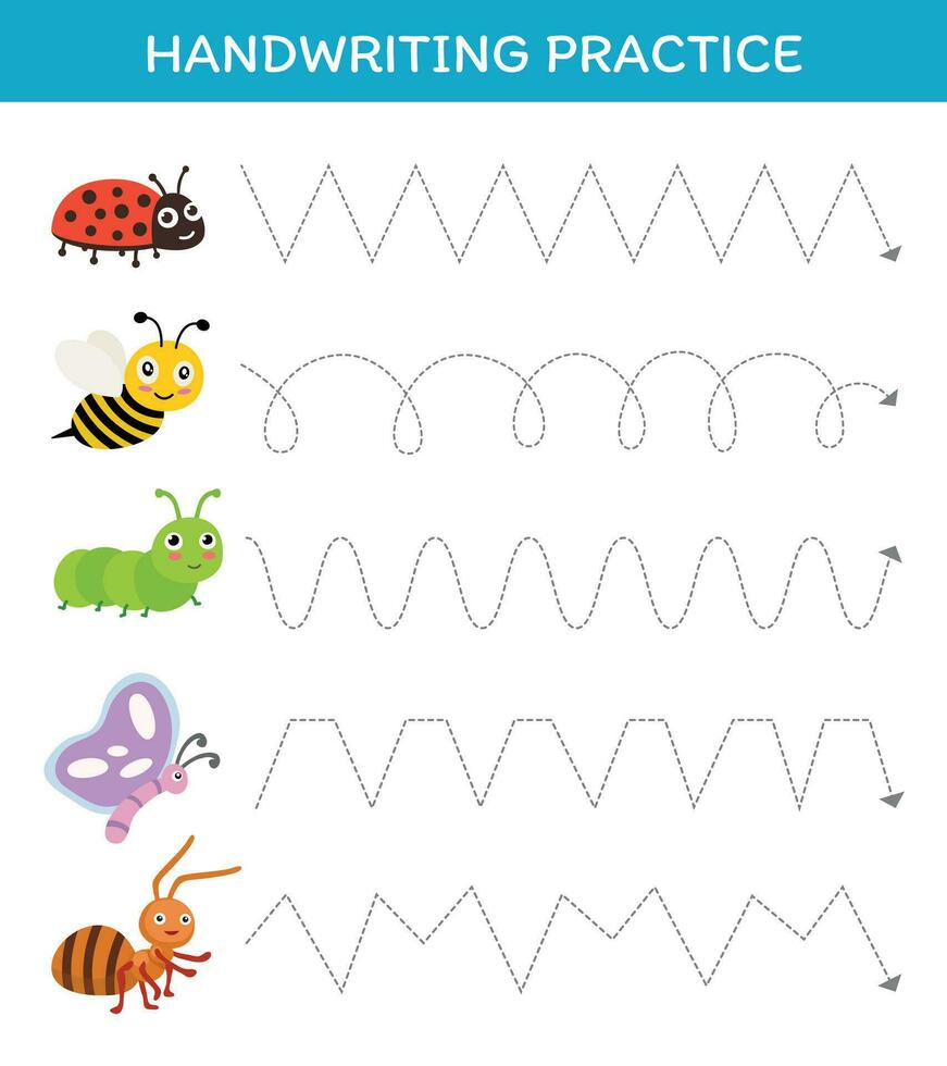 Hand writing practice worksheet with cute insects educational game for kids vector