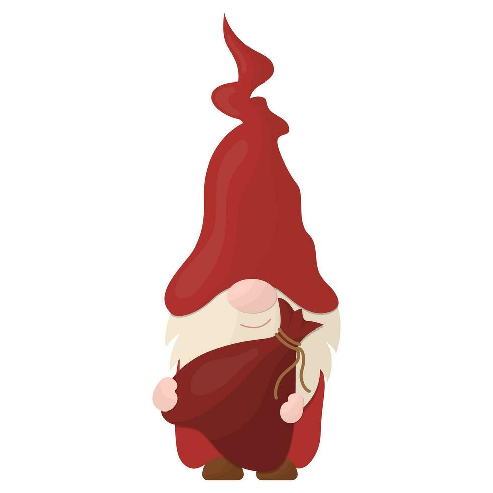 A Christmas gnome holds a bag of gifts. Vector illustration on a white background.