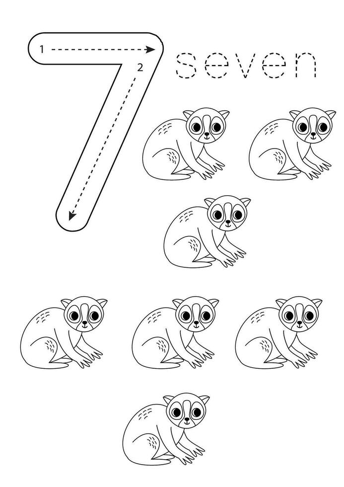 Flashcard number 7. Preschool worksheet. Cute cartoon slow loris. vector