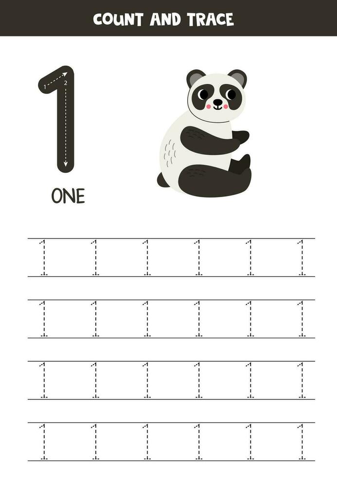 Trace numbers. Number 1 one. Cute cartoon panda bear. vector