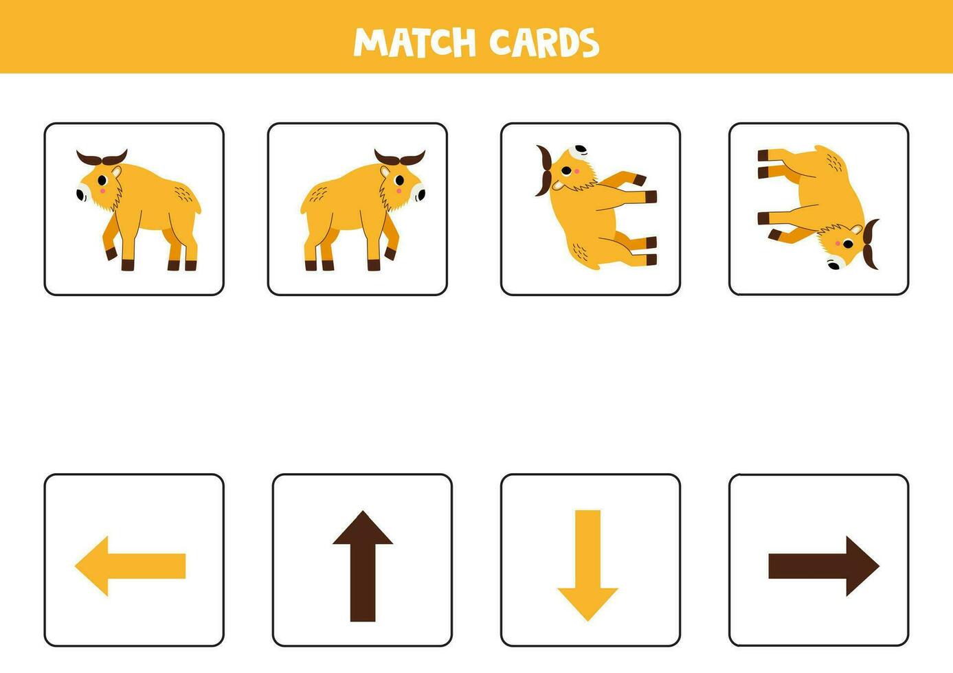 Left, right, up or down. Spatial orientation with cute golden takin. vector