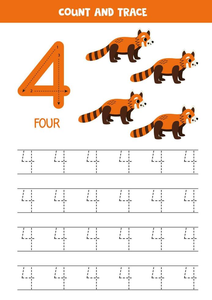 Numbers tracing practice. Writing number four. Cute cartoon red pandas. vector