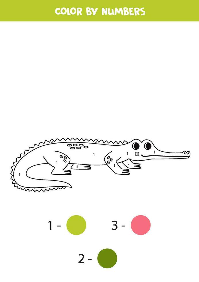 Color cartoon gavial by numbers. Worksheet for kids. vector