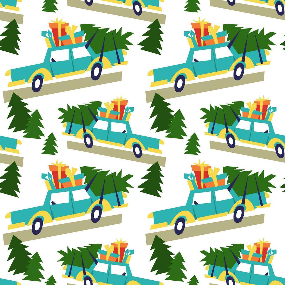 Christmas pattern with a blue car on the roof with gifts and a Christmas tree. Geometric typewriter on a white. It can be used in the textile industry, paper production, background, scrapbooking vector