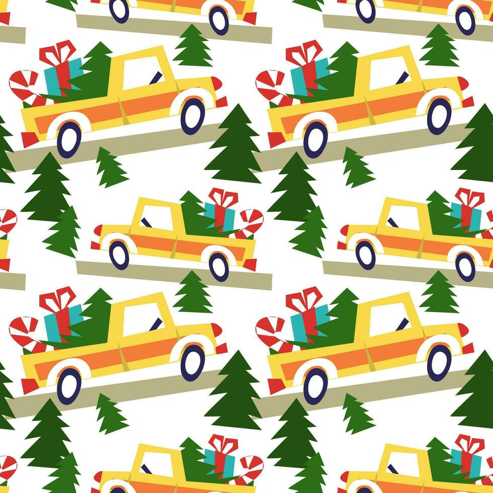 Seamless Christmas pattern with yellow truck, gifts and Christmas tree. Journey. Geometric typewriter on a white. It can be used in the textile industry, paper production, background, scrapbooking vector