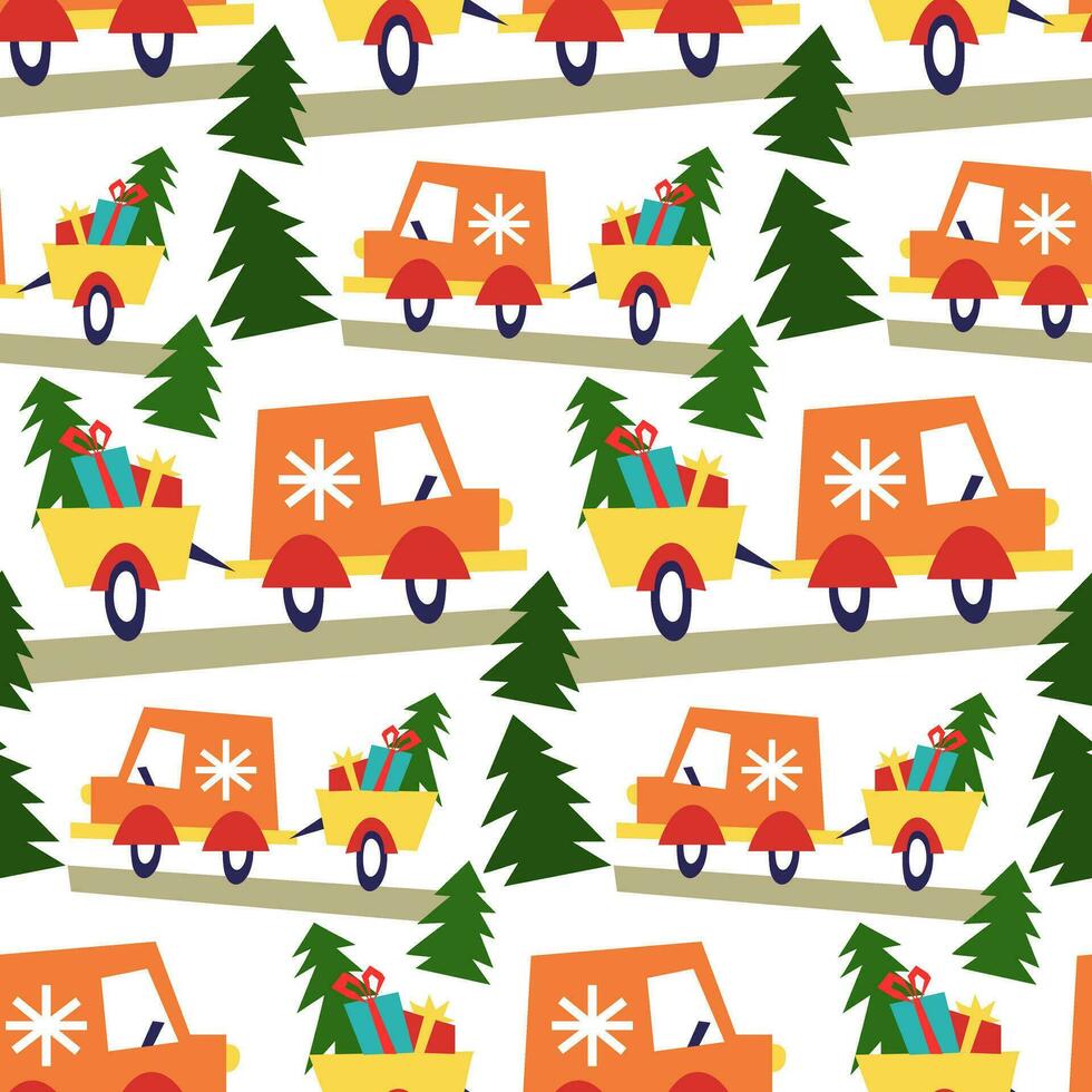 sin costura Navidad modelo con naranja camión remolque regalos. viaje. geométrico máquina de escribir en un blanco antecedentes. eso lata ser usado en el textil industria, papel producción, fondo, scrapbooking vector