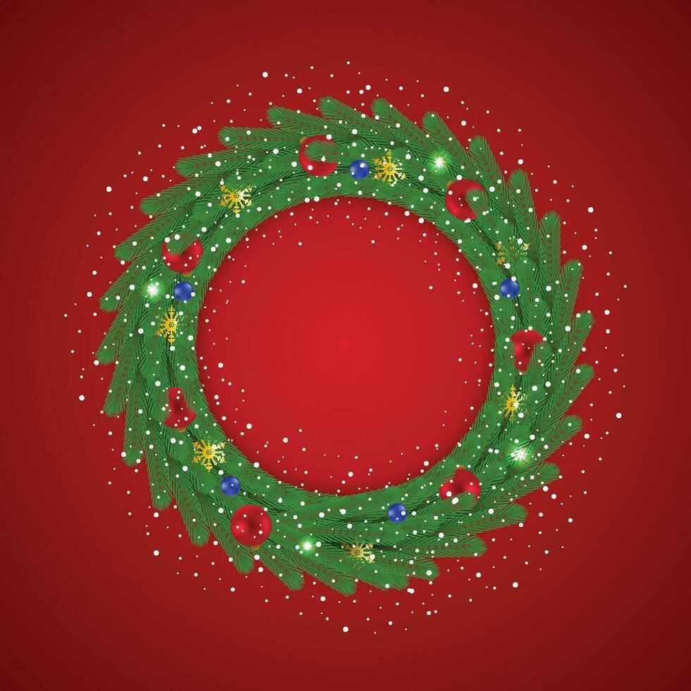 Realistic Christmas green wreath with red and blue balls with Snow and Snowflake with light. vector