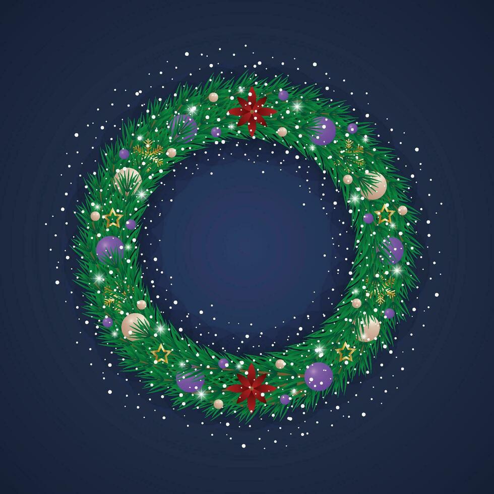 Realistic Christmas green wreath with blue and white balls with snow and snowflakes with lights and golden stars with flowers. vector
