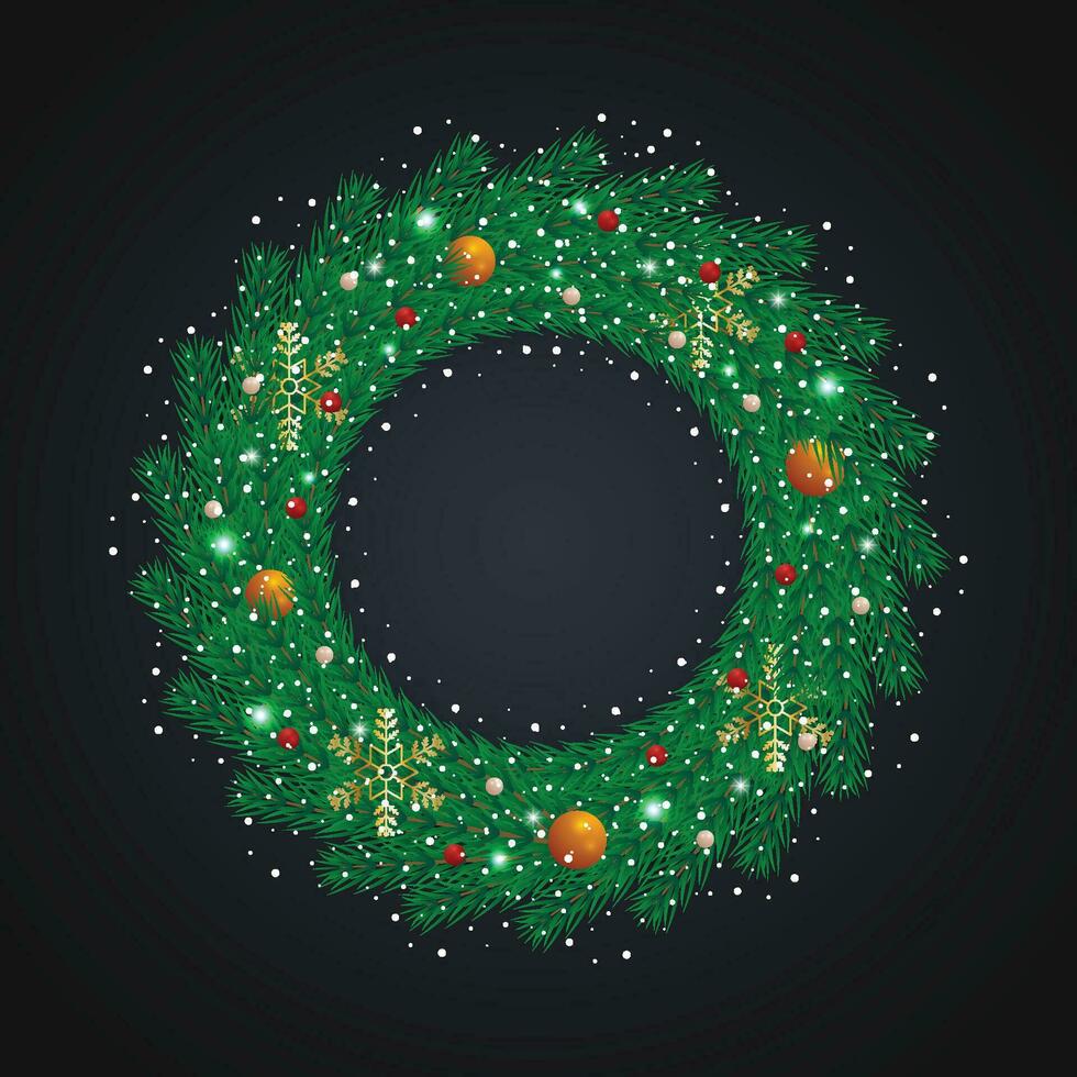 Realistic Christmas green wreath with red and golden balls with snow and snowflakes with lights. vector