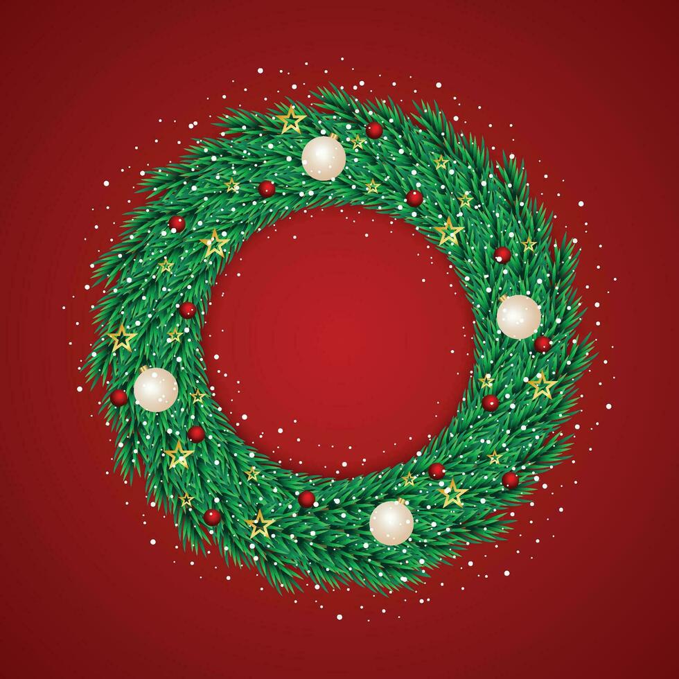 Realistic Christmas wreath with golden stars with snows with red background vector