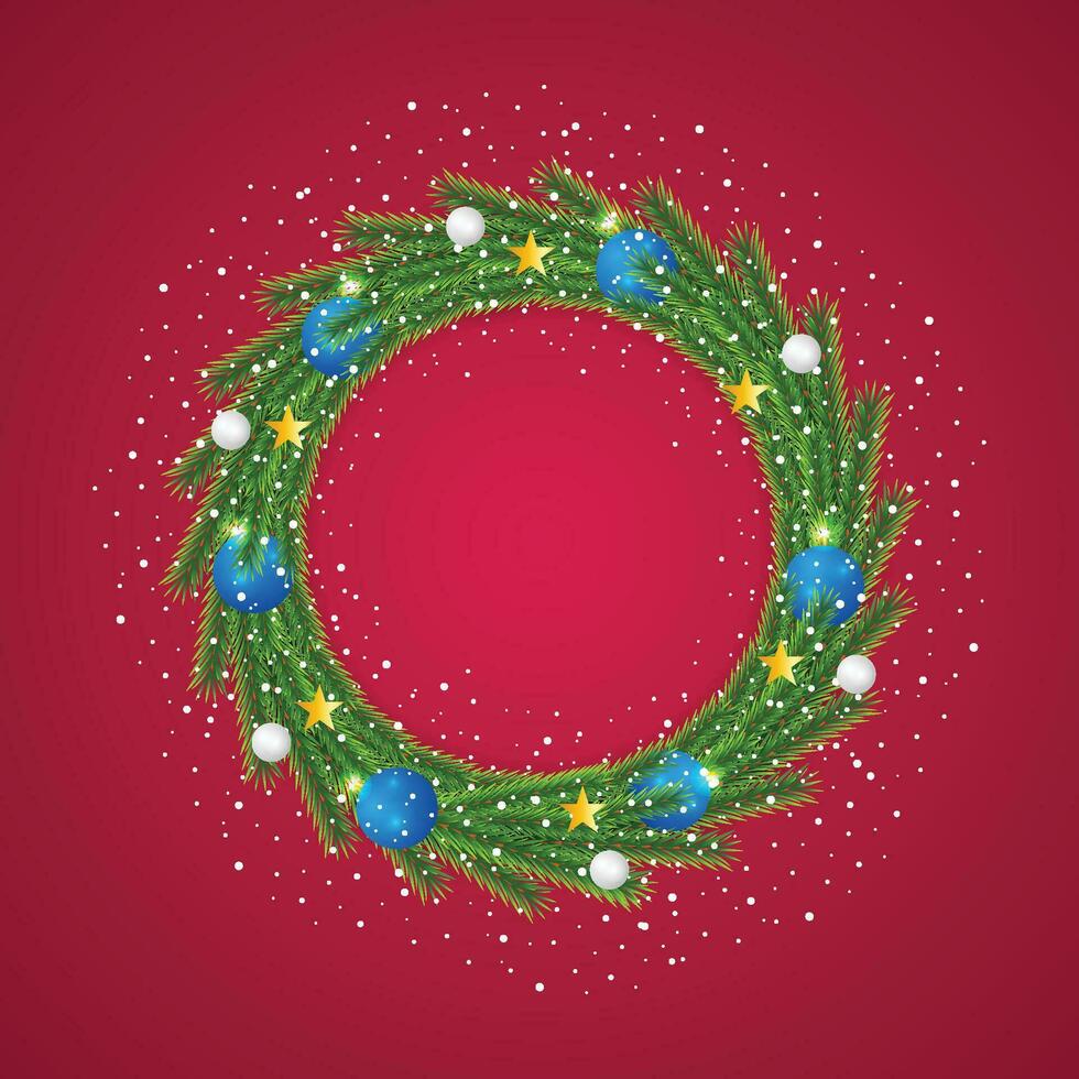 Christmas green wreath with blue and white balls with Snow and light with golden stars. vector