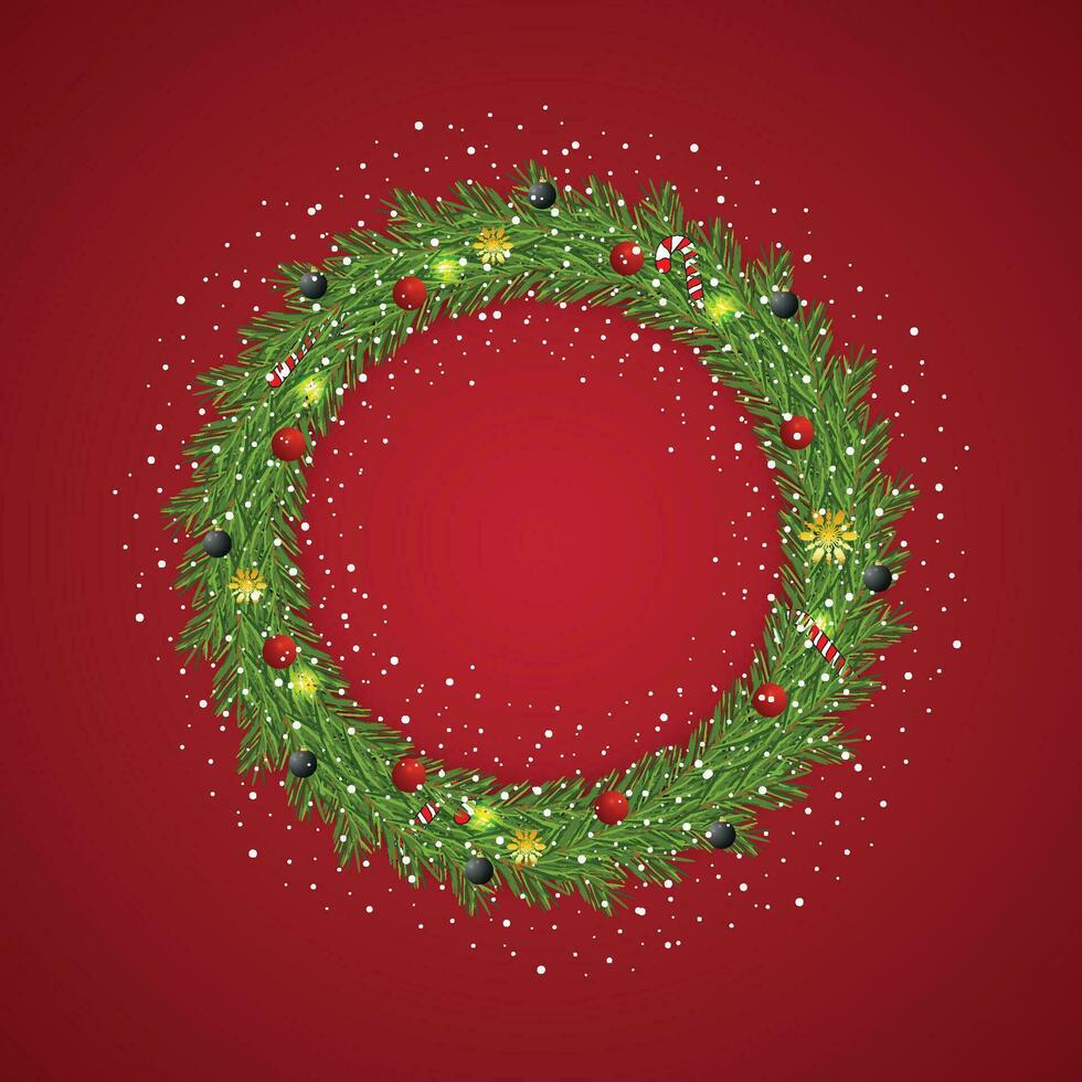 Realistic Christmas green wreath with black and red balls with snow and a red background with golden lights and snowflakes with candies vector